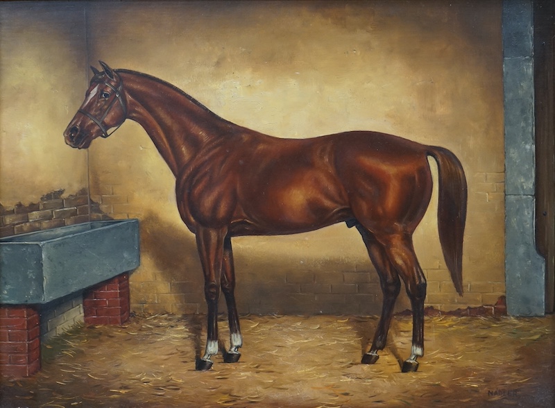 Nadler, oil on board, Study of a horse in a stable, signed, 29 x 39cm, ornate gilt frame. Condition - good